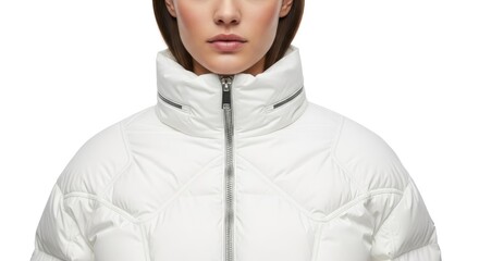 Close up of Womans Face and Stylish White Puffer Jacket