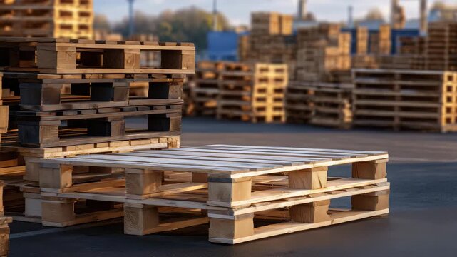 261Warm-toned image of organized pallet stacks bathed in golden-hour light, highlighting subtle imperfections and texture of the wood surface