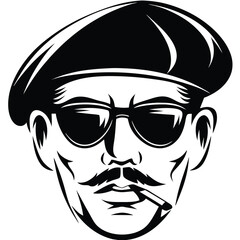 Stylish man smoking a cigarette with a mustache wearing sunglasses and a beret