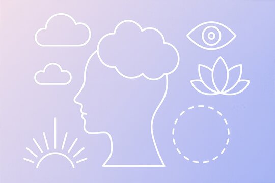 Conceptual representation of mindfulness and mental clarity illustrated by symbolic elements such as a brain cloud an eye and a serene lotus blossom evoking peaceful introspection