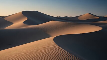 Majestic desert sand dunes at sunset with clear blue sky