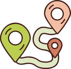 Cute Hand-Drawn Location Pins with Route Path - Green Start to Red Destination Navigation Doodle Illustration PNG Transparent Background