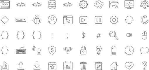 Thin line programming and web development icon set illustration featuring coding interface database and security symbols with editable stroke