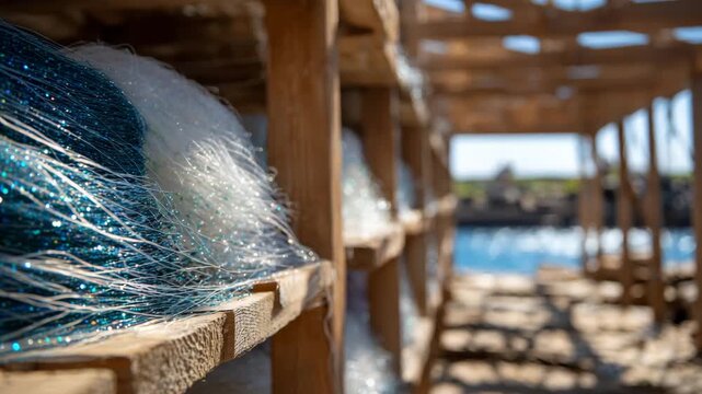271Close-up of fishing nets folded precisely on wooden shelves, fine fibers glistening under sunlight, conveying order, cleanliness, and maritime craftsmanship