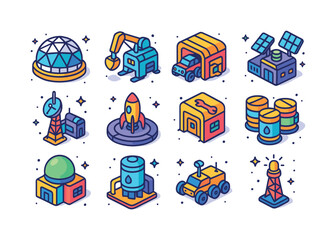 Naklejka premium Colorful Lunar Mining Icons. Lunar Mining Bases. Colorful isomet