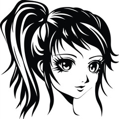Stylized anime girl with big eyes shows an expressive, cute face in monotone