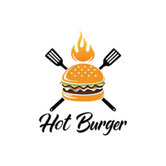 Stylized hot burger with crossed black spatula and flame for delicious food