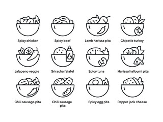 Obraz premium Spicy Pita Icons. Spicy Pitas. Line icon set of Spicy Pitas: spi