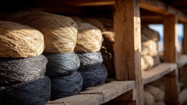 272Close-up of fishing nets folded precisely on wooden shelves, fine fibers glistening under sunlight, conveying order, cleanliness, and maritime craftsmanship