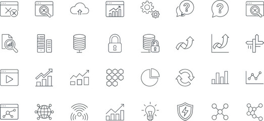 Thin line business analytics icon set illustration featuring data charts cloud security and technology symbols with editable stroke