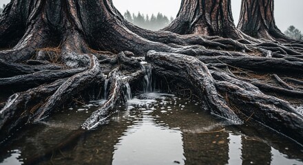 Ancient Tree Roots and Water in a Mystical Forest.