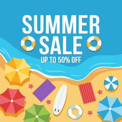 A colorful summer sale illustration featuring beach umbrellas, lifebuoys, and a serene ocean showcasing vibrant imagery that captures the essence of summer fun and discounts.