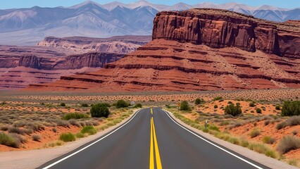 Vast desert highway stretching towards iconic red rock formations under a clear sky, offering a sense of adventure and open road travel