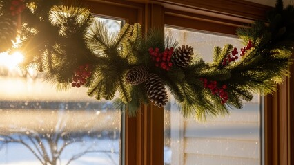 Festive christmas garland with pine cones and red berries hanging in a window at sunset