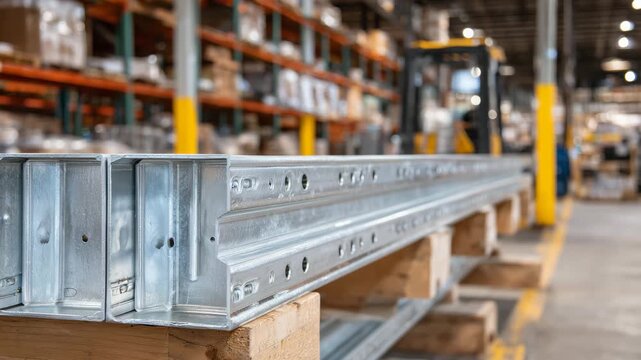 280Close-up view of a metal shelving unit prepared for assembly in a warehouse, steel beams polished and aligned, concrete floor visible below, highlighting readiness for product stor