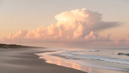 Peaceful sunrise casting a warm glow over a serene beach with gentle waves and soft clouds
