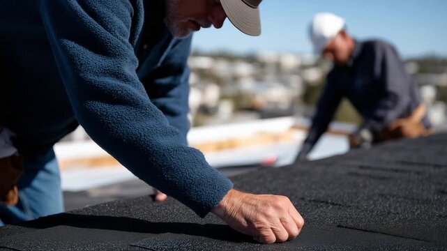 281Close-up of skilled workers installing asphalt shingles on a sloped roof under bright daylight, showcasing precise alignment and textured roofing materials