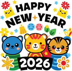 Cute cartoon tigers celebrate happy new year 2026, Three adorable cartoon tigers, one blue and two orange, are shown with festive decorations and the year 2026 prominently displayed.  