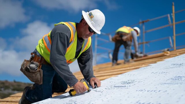 285High-resolution image of roofers fastening waterproof underlayment, wind fluttering protective sheets against a backdrop of blue sky and scaffolding