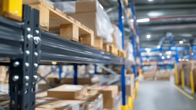 285Industrial warehouse scene, close-up of a metal shelving unit mid-assembly, bolts and joints in focus, background showing blurred boxes and storage aisles, emphasizing logistics an
