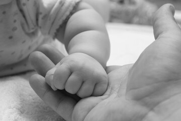 Retro-style black and white photo of child's hand in adult's hand as symbol of help and support for parents and children and symbol of family well-being