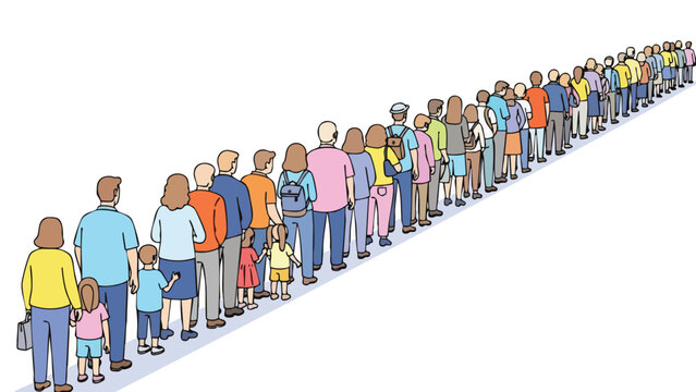 Diverse crowd forming a long queue, symbolizing waiting and collective activity.