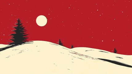 Fototapeta premium Minimalist illustration of a snow-covered hill with crescent moon, pine trees on red background evoking Christmas vibe and winter scenery