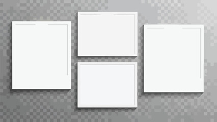 Four blank white frames arranged on a gray checkered background with subtle shadows, perfect for mockups.
