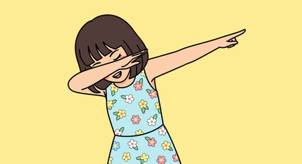 Cartoon girl dabbing in a floral dress against a yellow background vector illustration