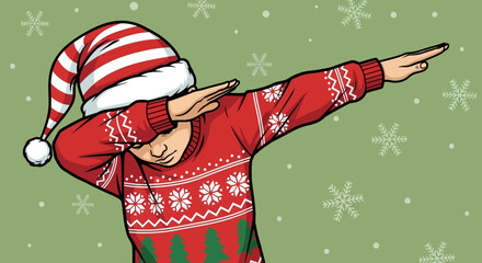 Festive Christmas Illustration of a Boy Dabbing in a Santa Hat and Ugly Sweater with Snowflakes © fardo