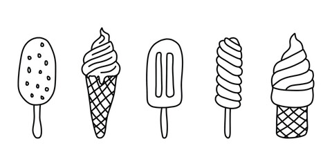 Ice Cream Icon Set. Popsicle and Cone Outline Vector Illustration