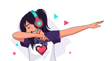 Animated gamer girl dabbing with a controller, enjoying digital entertainment and gaming life