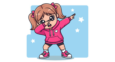 Cute Cartoon Girl Dabbing with Joyful Expression Against a Starry Sky Background