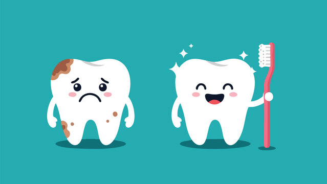 Sad and happy teeth before and after brushing, dental hygiene concept, cartoon characters.