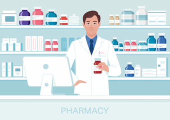A pharmacist standing behind a counter in a modern pharmacy, offering assistance and embodying professionalism and care in a well-organized healthcare setting.