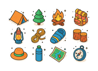 Isometric Camping Icons. Forest Camping. Colorful isometric vect