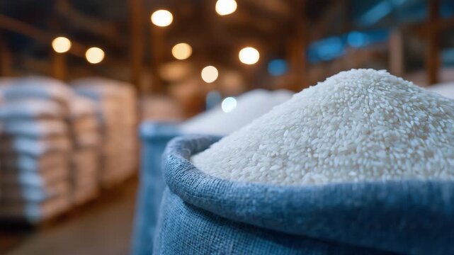 304Close-up of white sacks filled with rice neatly stacked in a warehouse, one open to reveal polished white grains catching soft ambient light