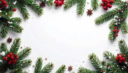 Snowy valley with evergreen trees and blue mountains framed by pine branches, red berries, and pinecones.