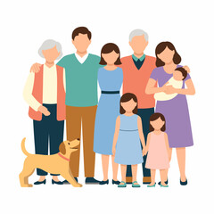 Obraz premium A joyful and loving family portrait featuring multiple generations, showcasing familial bonds with smiling faces and a happy dog at their feet, symbolizing unity and happiness.