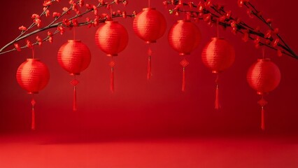 Vibrant red lanterns and delicate plum blossoms symbolize prosperity and good fortune, creating a festive atmosphere for Chinese Lunar New Year celebrations