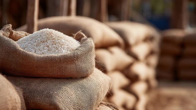 308Macro view of stacked burlap bags containing rice, rough fabric texture contrasting with the smooth shine of visible grains inside one torn sack