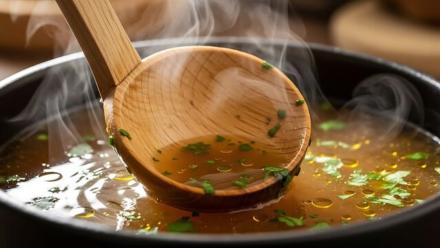 Steaming broth being scooped with a wooden ladle, culinary presentation