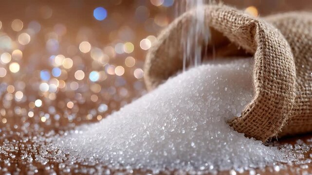 316Detailed view of white sugar crystals spilling from an open sack, light reflections creating a shimmering, crystalline texture