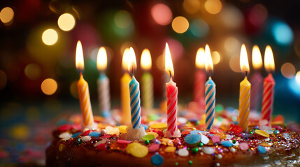 Close up of a birthday cake with seven colorful candles and confetti on a blurred background