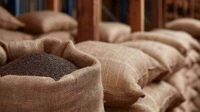 318Sacks of rye stored in an organized warehouse, one bag cut open showing the deep earthy color of raw grains