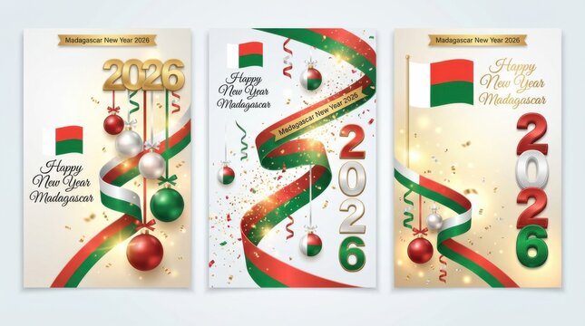 madagascar new year 2026 banner with waving ribbon in national flag colors