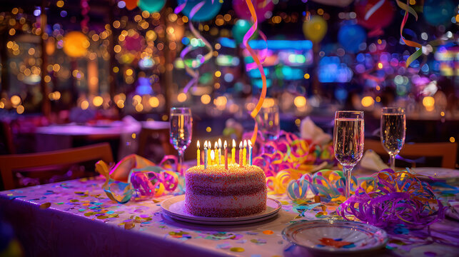 Decorated table with cake candles champagne and confetti at a festive celebration party event