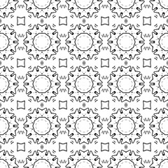 Black and white seamless geometric pattern with stylized mandala or starburst elements. Abstract monochrome background perfect for textiles, wallpapers, printing, coloring pages, or digital stock vect