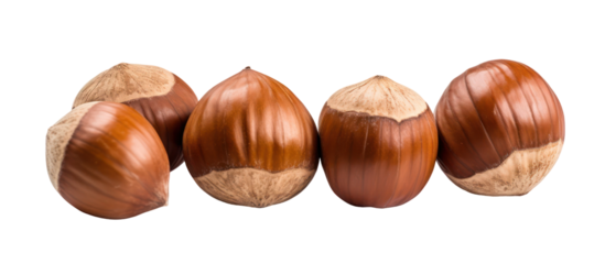 Three piles of hazelnuts pistachios brazil nuts side by side on transparent background