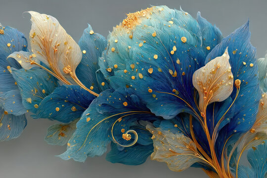 An abstract artistic composition in soft blue and gold tones. Elegant petals, created in the style of fine 3D graphics or digital illustration, 